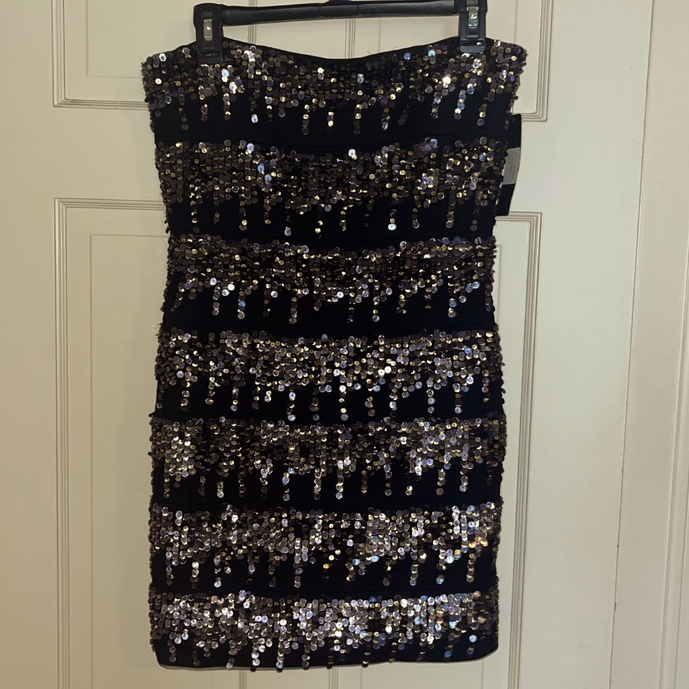 NWT Stunning Robert Rodriguez Sequin Black Strapless Mini Dress ~ Size 8